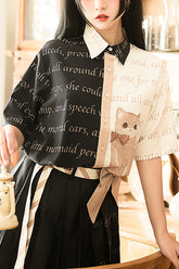 Lapel Collar Orange Cat Print Short Sleeves Contrast Color Ouji Lolita Blouse